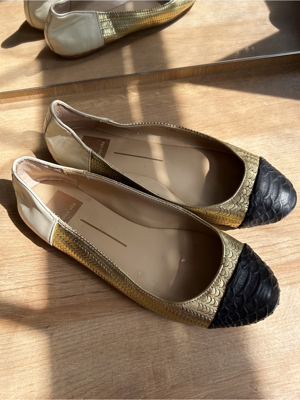 Dolce Vita Gold and Black Textured Cap-Toe Ballet Flats